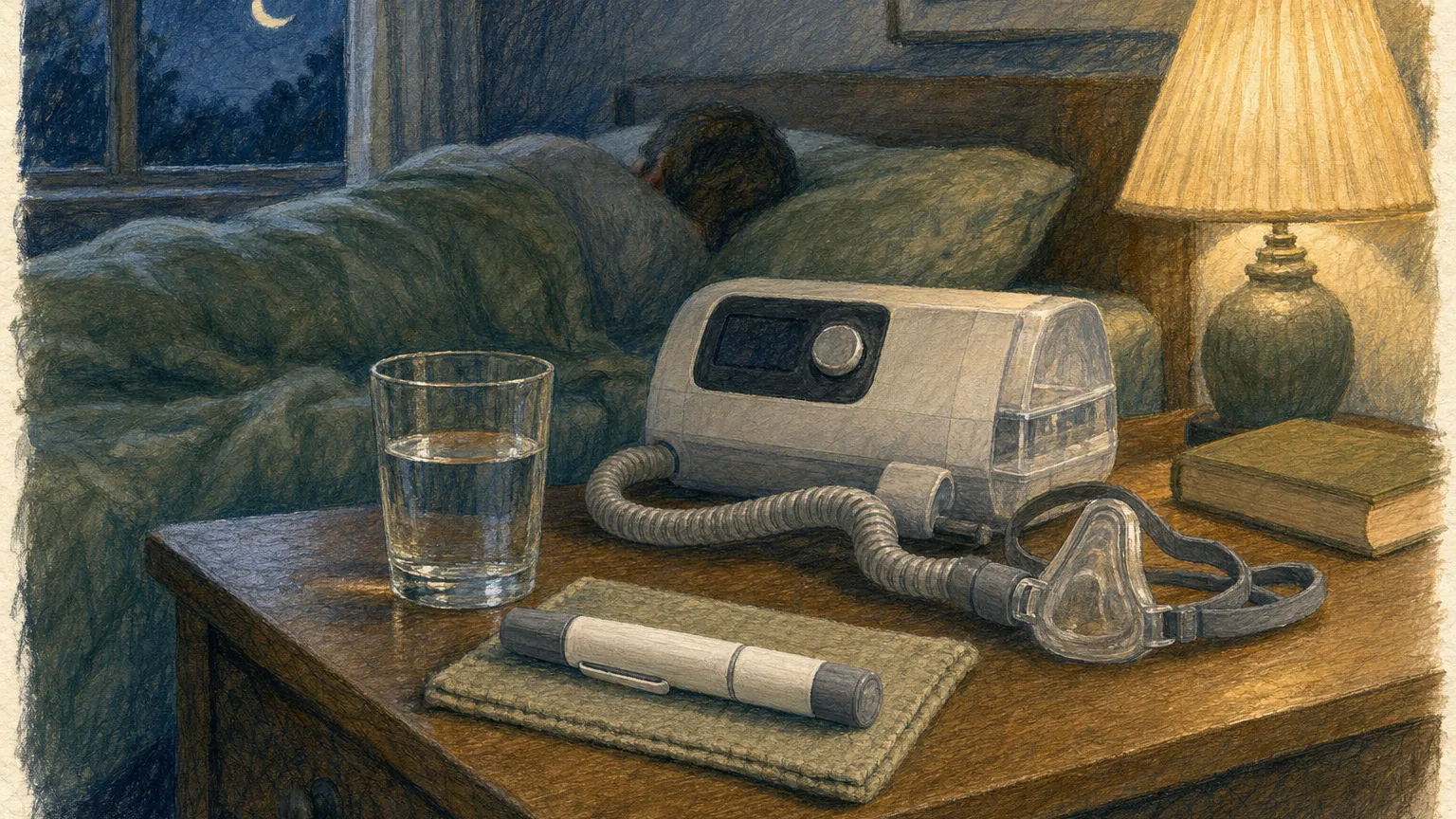 A bedside table with a breathing machine, glass of water and capped pen beside a sleeping person.