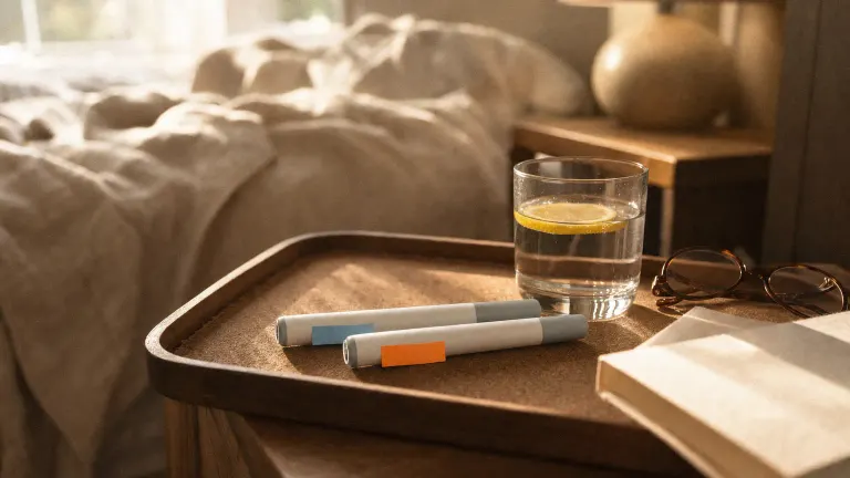 Two identical injection pens with blank flags on a bedside tray next to water, glasses and a book